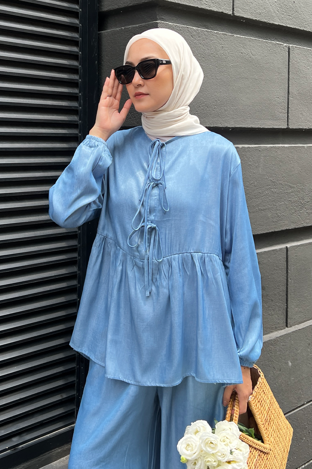 DENIM Ribbon Blouse in Azure (Light Blue)