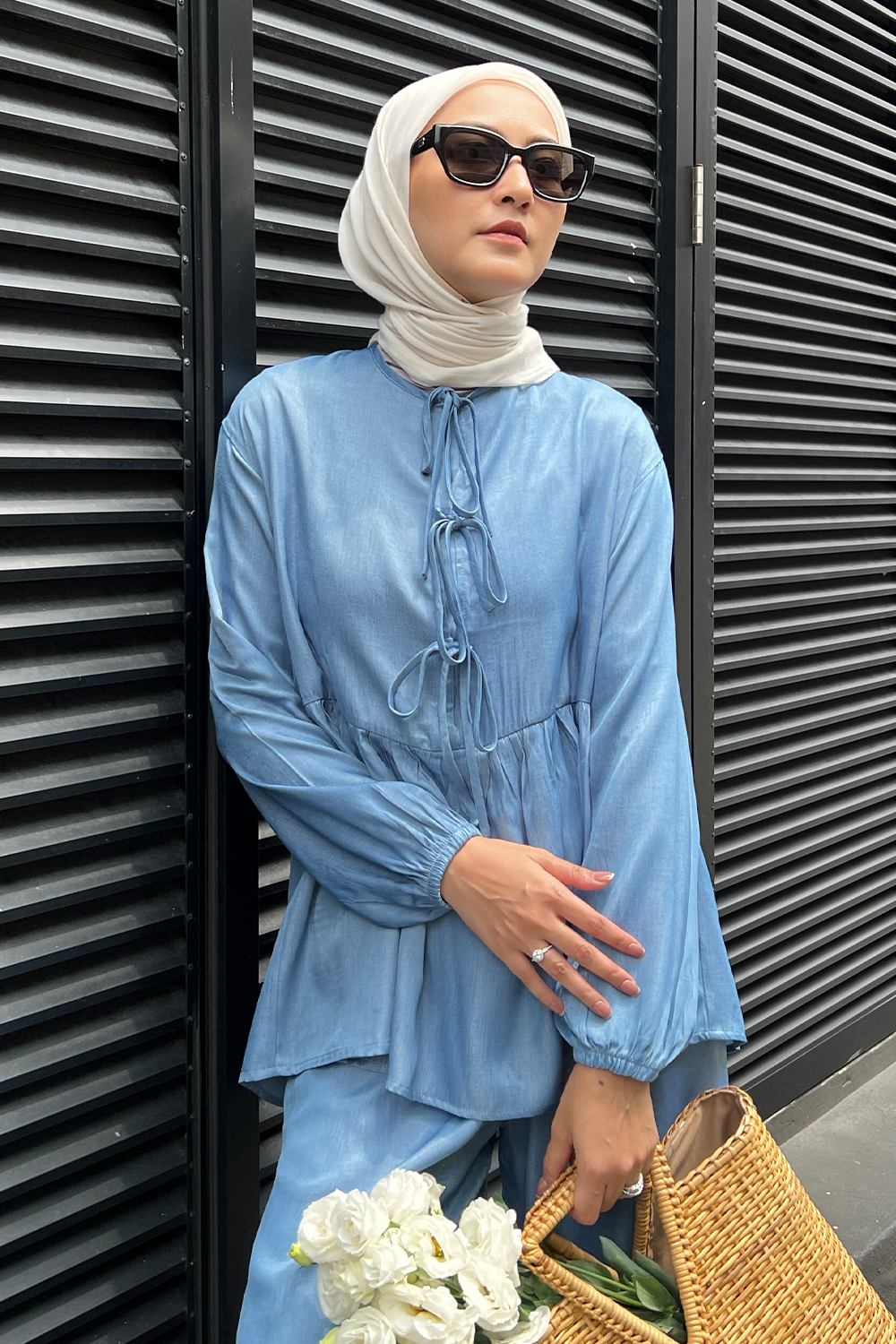 DENIM Ribbon Blouse in Azure (Light Blue)