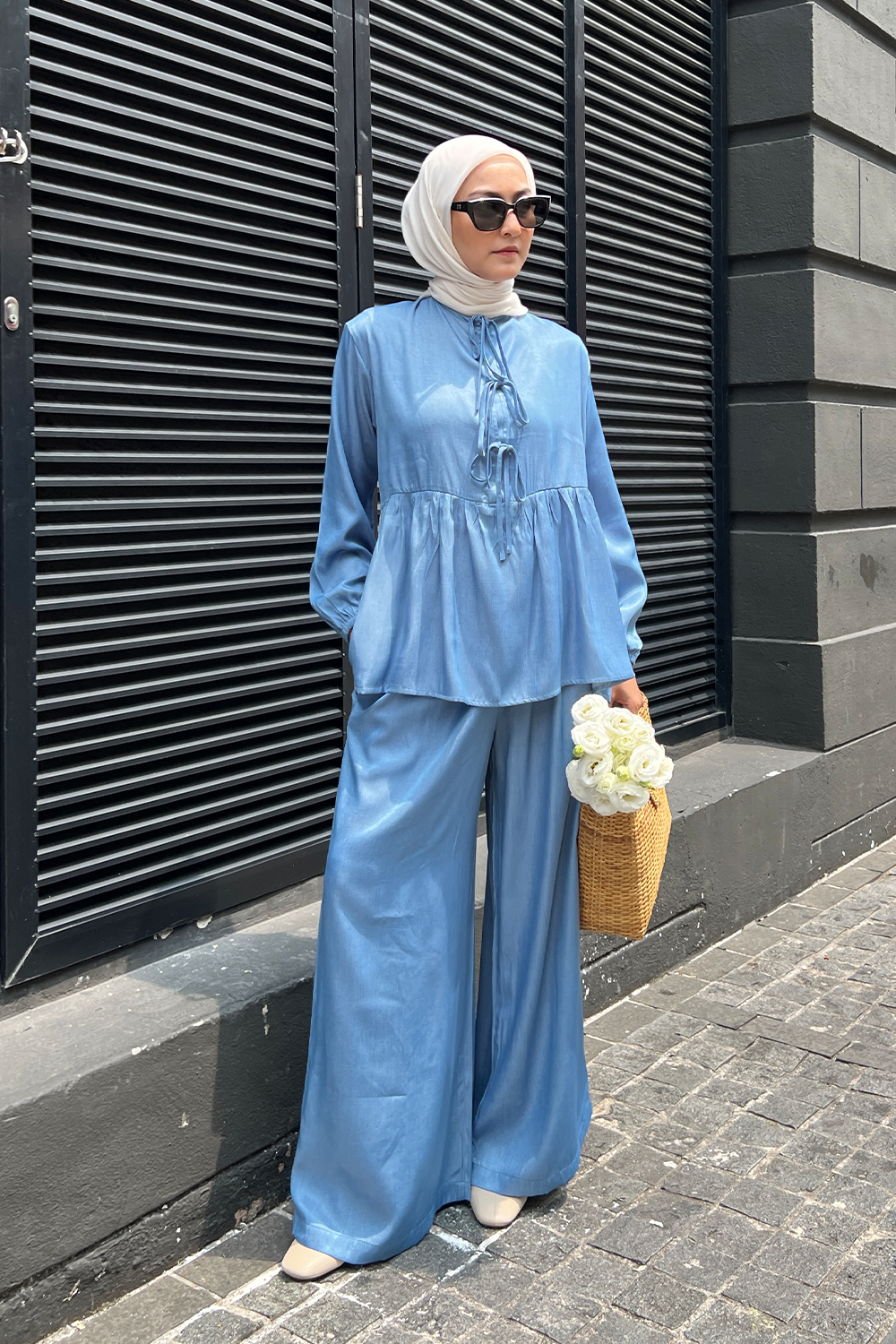 DENIM Ribbon Blouse in Azure (Light Blue)