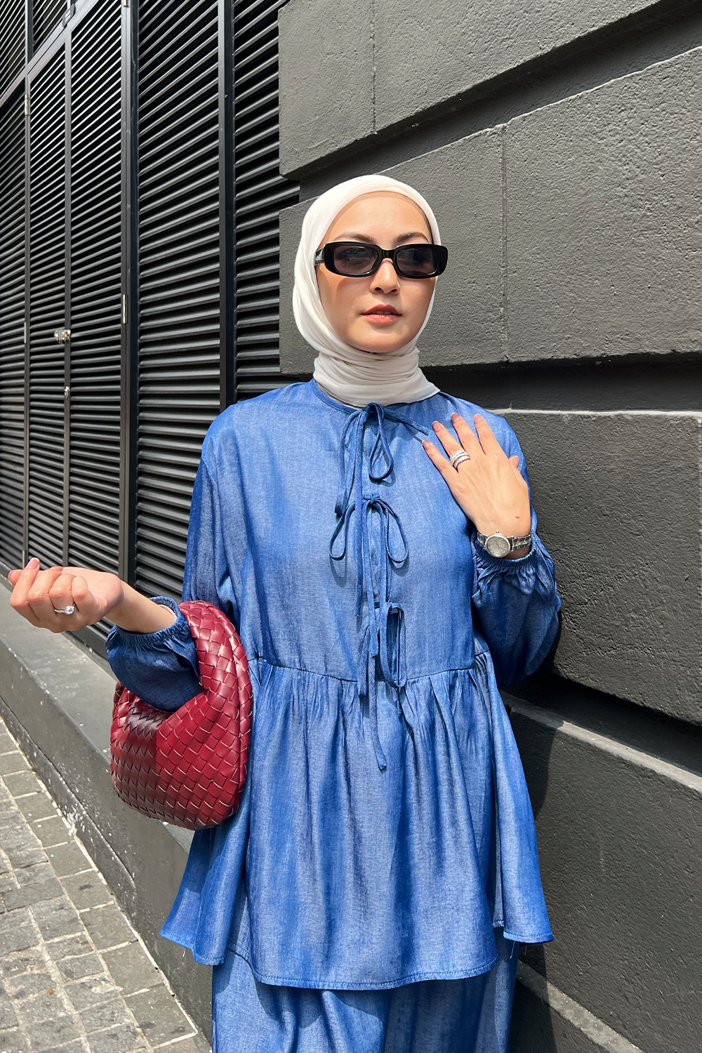 DENIM Ribbon Blouse in Cobalt (Medium Dark Blue)