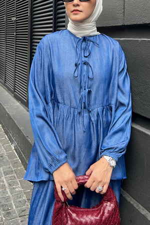 DENIM Ribbon Blouse in Cobalt (Medium Dark Blue)